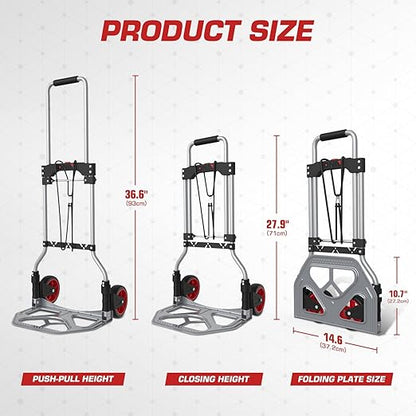 DNA MOTORING Folding Hand Truck, 176lbs Capacity Foldable Dolly Cart for Moving Heavy Loads, Collapsible Hand Truck, w/Telescopic Handle, Bungee Cord, Red, TOOLS-00744