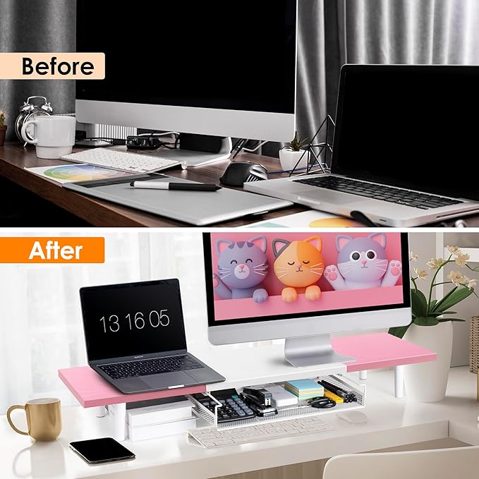 Dual-Computer-Monitor-Stand-Riser For Desk, Expandable Desk Shelf With Drawer For 2 Monitors, Desk Accessories & Workspace Organizers,TV Riser, Desktop Double Laptop Riser With Storage