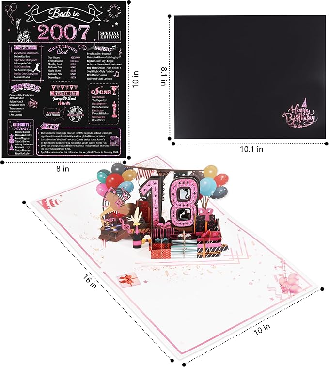 18th Birthday Card for Girls Her, Jumbo 3D Pop Up Sweet 18th Birthday Gifts Cards, Back In 2007 Happy 18 Year Old Birthday Decorations Cards Card for Daughter Granddaughter, Rose Gold