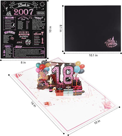 18th Birthday Card for Girls Her, Jumbo 3D Pop Up Sweet 18th Birthday Gifts Cards, Back In 2007 Happy 18 Year Old Birthday Decorations Cards Card for Daughter Granddaughter, Rose Gold