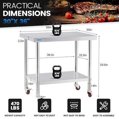 Stainless Steel Table for Prep & Work with 4 Caster Wheels with Undershelf 30 x 36 NSF Metal Commercial Kitchen Adjustable Under Shelf Worktable for Restaurant Home Outdoor