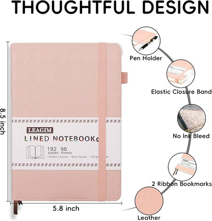 Lined Journal Notebook for Women Men, 192 Pages 100 GSM Thick Paper, Hardcover | Embossed Leather Journals for Writing, A5 College Ruled | Business, Work & School, 5.8"×8.5"(Pink)