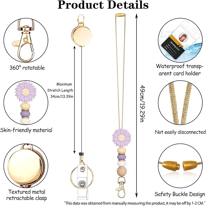 Colorful ID Badge Holder with Silicone Beads Lanyard Set,Cute Teacher Breakaway Lanyard for Keys & Keychain with Cute Retractable Badge Reel Holder,Gift for Women,Nurse, Teacher. (Purple Daisy)