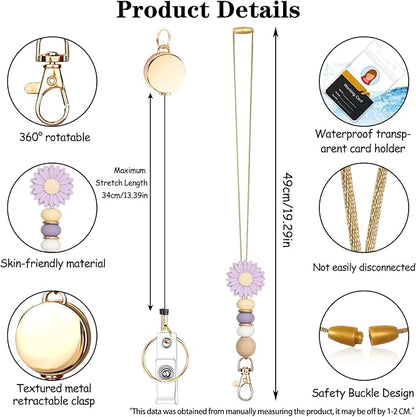 Colorful ID Badge Holder with Silicone Beads Lanyard Set,Cute Teacher Breakaway Lanyard for Keys & Keychain with Cute Retractable Badge Reel Holder,Gift for Women,Nurse, Teacher. (Purple Daisy)