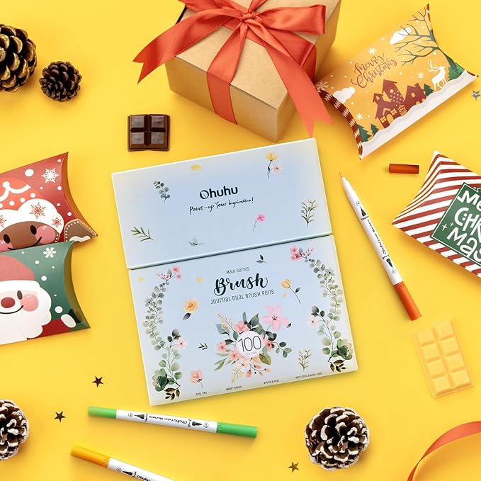 Ohuhu Markers for Adult Coloring Books No Bleeding 100 Colors Coloring Markers Water-based Dual Tips Fineliner & Brush Drawing Pens Art Markers for Kids Adults Sketch Journal - Maui - White