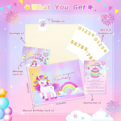 Pop Up Birthday Card with Light & Music, Unicorn 3D Birthday Card, Fireworks Birthday Card for Women Kids Girls Daughter, 3D Cake Greeting Crad with Blowable Candle Sticker DIY Numbers