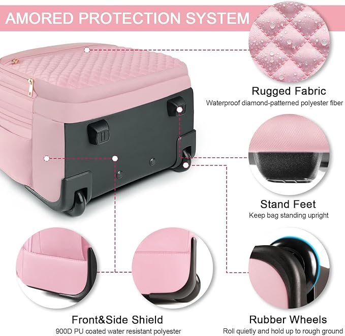 Rolling Backpack Carry On Luggage For Adults With Wheels, 40L Wheeled Backpack For Women, Travel Roller Backpack, Rolling Bag, Pink