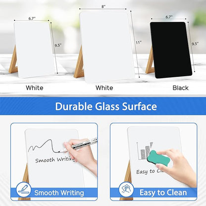 WALGLASS Desktop Glass White Board 11"x 8" with Reversible Wood Stand, Small Dry Erase Board, Portable Whiteboard for Desk, Reusable Desk Notepad with 2 Markers&Eraser for Home, Office