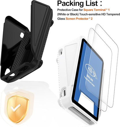 Kailfee Protective Case and Screen Protector*2 for Square Terminal Card Reader - Rubberized Hard Casing with Non-Slip Base and Tempered Glass (Black)