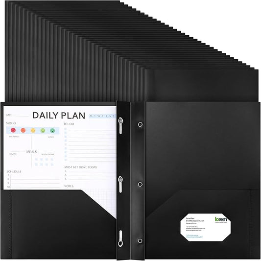 Cholemy 36 Pcs Plastic Pocket Folders with Prong 2 Heavy Duty Pockets Folders with 3 Prongs Letter Size Paper Folders Bulk File Plastic Folders with Fasteners for Office Workers (Black)