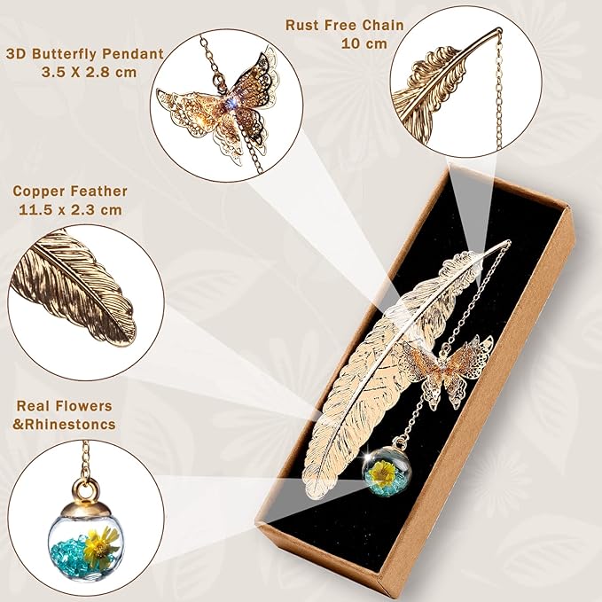 Toirxarn Gold Feather Bookmark with Butterfly Charm - Elegant Bookmarks for Women, Book Lovers Gifts, Book Marker for Reading, Teacher Appreciation Gifts, Unique Birthday Gifts, Stocking Stuffers
