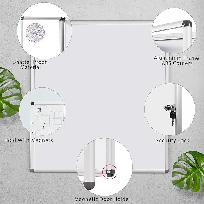 SWANCROWN Locking Bulletin Boards Enclosed Noticeboard White Glass Message Boards Indoor for School Office 38x38 inches (12xA4)