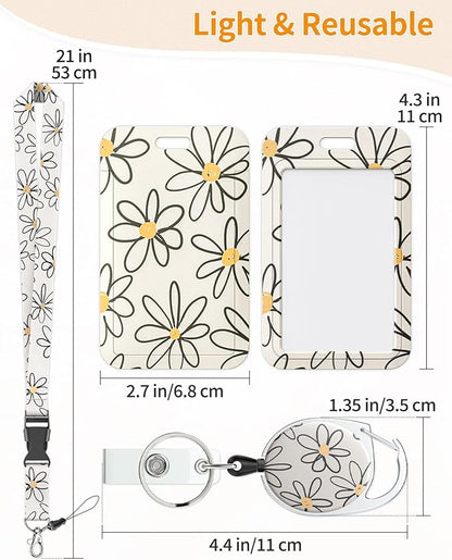 Uniclife Floral Sliding Badge Holder White Flower Plastic Case with Retractable Badge Reel Carabiner Clip & Detachable Lanyard Strap Fashionable Vertical Card Protector for Women Nurse Teacher Student