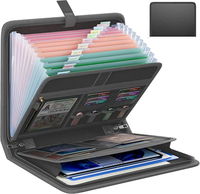 Fireproof Accordion File Organizer, Portable Expanding File Folder with Waterproof Zipper&Labels, Dark Gray Document Organizer with 13 Pockets, File Organizer for Important Document/Paper Storage