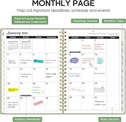 2026 Planner, Weekly and Monthly Calendar Planner, January 2026 - December 2026, Hardcover 2026 Calendar Planner Book with Tabs For Women & Men, Inner Pocket, Spiral Bound, Perfect for Office Home School Supplies - A5 (6.3" x 8.5"), Green