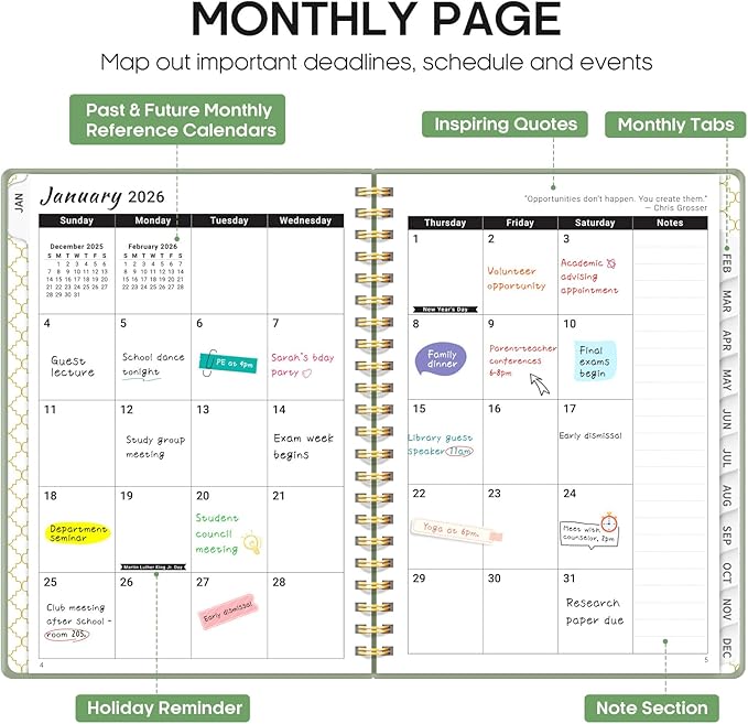 2026 Planner, Weekly and Monthly Calendar Planner, January 2026 - December 2026, Hardcover 2026 Calendar Planner Book with Tabs For Women & Men, Inner Pocket, Spiral Bound, Perfect for Office Home School Supplies - A4 (8.5" x 11"), Green