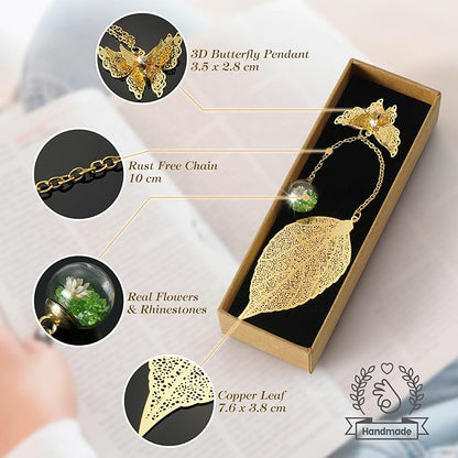 Golden Leaf Metal 3D Bookmark with Bonus Handmade Greeting Card, Butterfly & Sunflower Craft Gift Card Envelope, Gift for Book Lovers, Family, Friends, Teacher & Kids Chongzhen