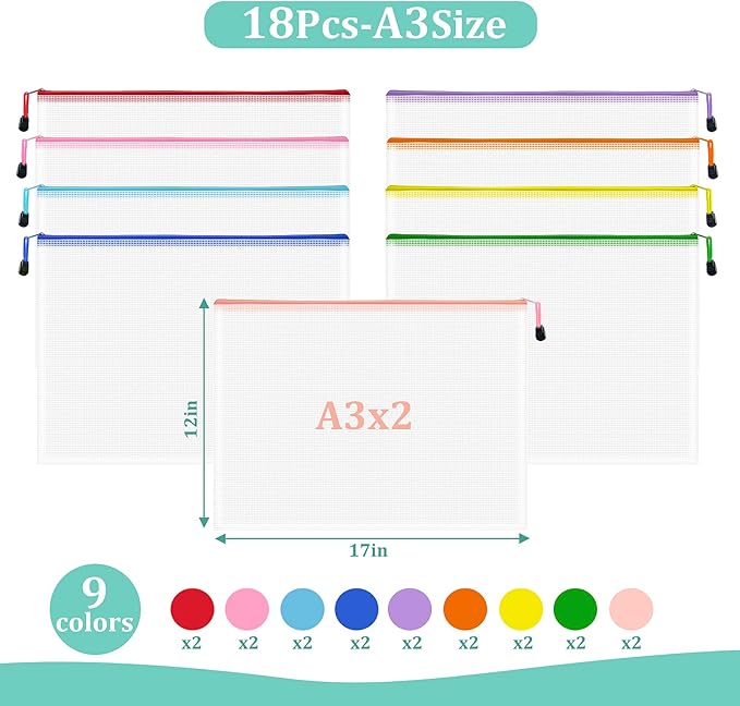 18pcs Mesh Zipper Pouch Board Games Storage Bags, 9 Colors Puzzle Bags, A3 17x12 Inches Large Reusable Zipper Bags for Organizing, Plastic Mesh Bags, Travel, School Office Organization