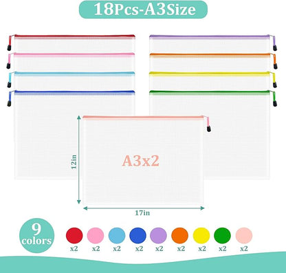 18pcs Mesh Zipper Pouch Board Games Storage Bags, 9 Colors Puzzle Bags, A3 17x12 Inches Large Reusable Zipper Bags for Organizing, Plastic Mesh Bags, Travel, School Office Organization