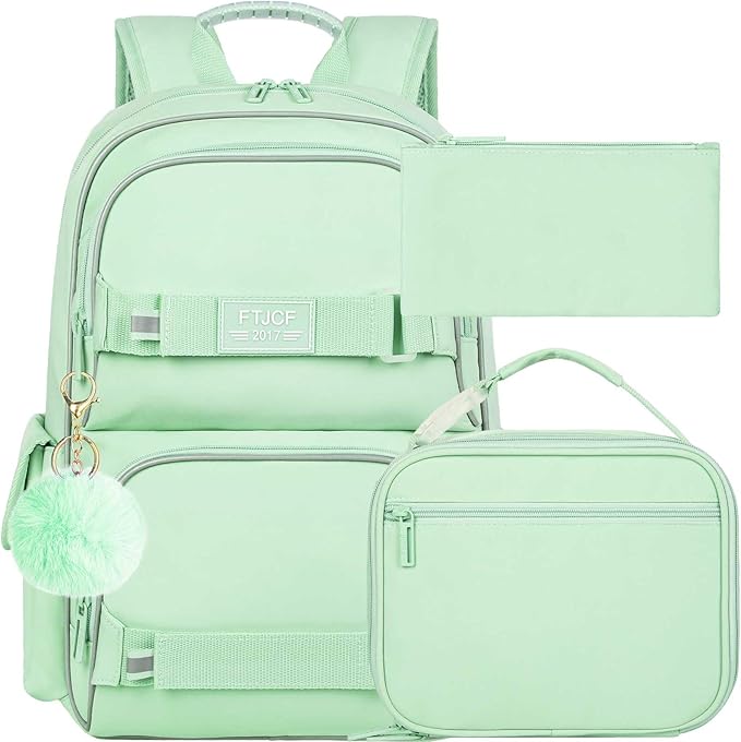 3PCS Laptop Bookbag for Girls, 17" Water Resistant School Backpack with Lunch Box, Cute Green School Bag Set for Women College Teenagers High Middle Elementary School