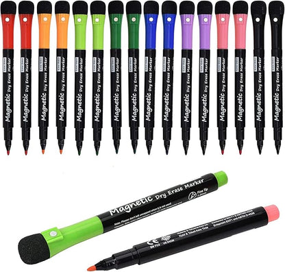 Magnetic Dry Erase Markers, Fine Tip Low Odor Whiteboard Markers for Kids & School, Work On White board & Calendar, Refrigerator (16 Pack)