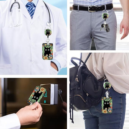Cute Cat Hidden in The Flowers Badge Holder with Retractable Reel and Breakaway Lanyard，Badge Clips Retractable Heavy Duty Badge Reel，ID Holder with Breakaway Lanyard for School Nurse Office Teen ﻿2
