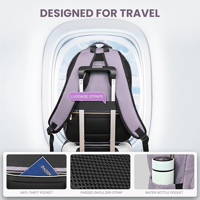 Travel Laptop Backpack for women, Work Backpack Woman with USB Charging Port, Water Resistant College Backpack, Stylish Quilted Girls Backpack Casual Daypack for 15.6 Inch Laptop, Purple