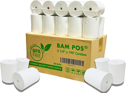 3 1/8 x 190 Thermal Receipt Paper Rolls For Most POS Systems and Receipt Printers, Compatible With Clover Station, Square Station, Toast Station, TM-T88, TSP Series (30 Rolls)