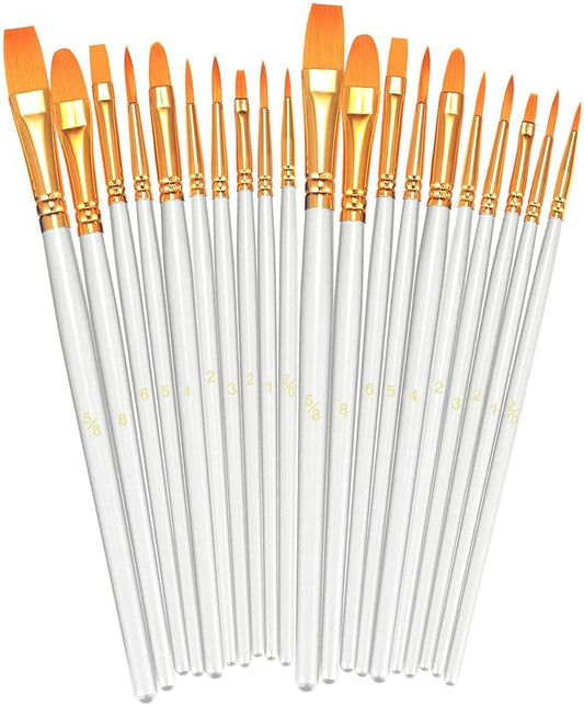 BOSOBO Paint Brushes Set, 2 Pack 20 Pcs Round Pointed Tip Paintbrushes Nylon Hair Artist Acrylic Paint Brushes for Acrylic Oil Watercolor, Face Nail Art, Miniature Detailing & Rock Painting, White