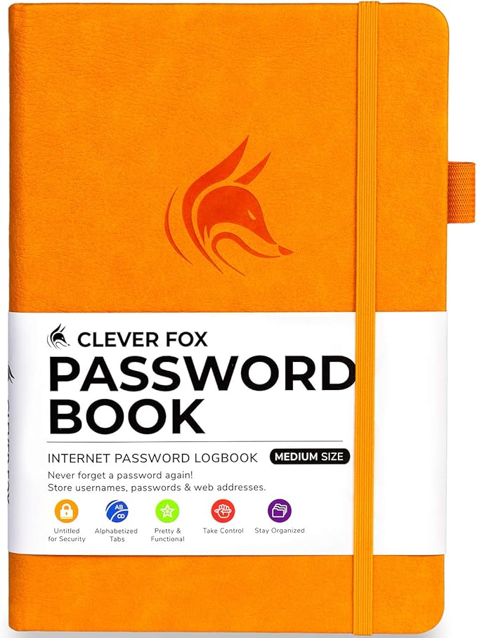 Clever Fox Password Book with Alphabetical tabs. Internet Address Organizer Logbook. Medium Password Keeper for Website Logins (Yellow)