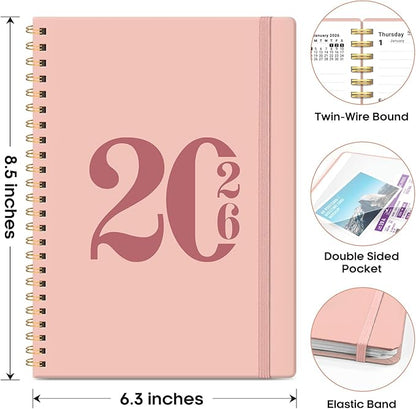 2026 Planner, Weekly and Monthly Calender Planner, Jan 2026 to Dec 2026, Hardcover 2026 Calendar Planner Book with Tabs & Inner Pocket, Office Home School Supplies for Women & Men - A5 (6.3" x 8.5"), Pink