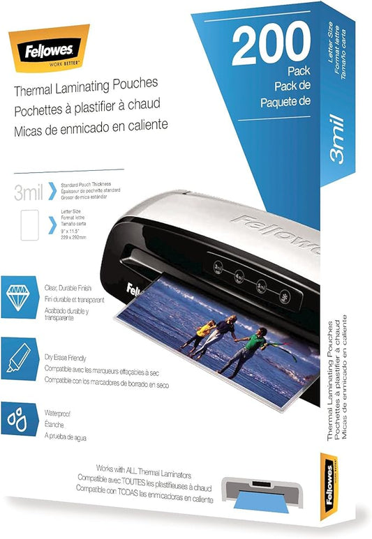 Fellowes Thermal Laminating Sheets, 3mil Letter Size Pouches, 9 x 11.5, 200 Pack, Clear (5743401)