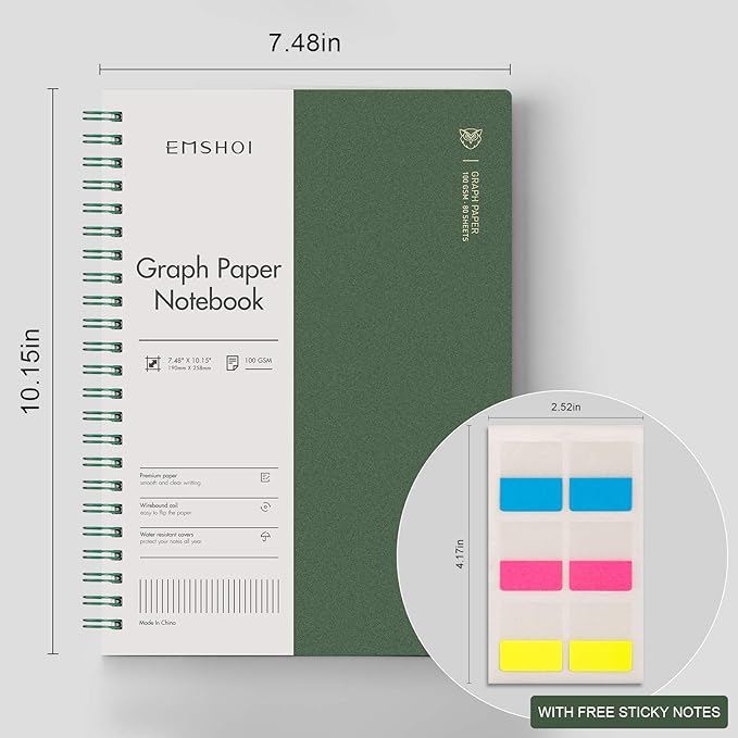 EMSHOI Graph Paper Spiral Notebook 7.48" x 10.15" - B5 Graph Paper Notebook, 2 Pack 320 Pages 100gsm Thick Grid Paper, Plastic Hardcover Journals for Writing Engineering Graphing Work School Supplies