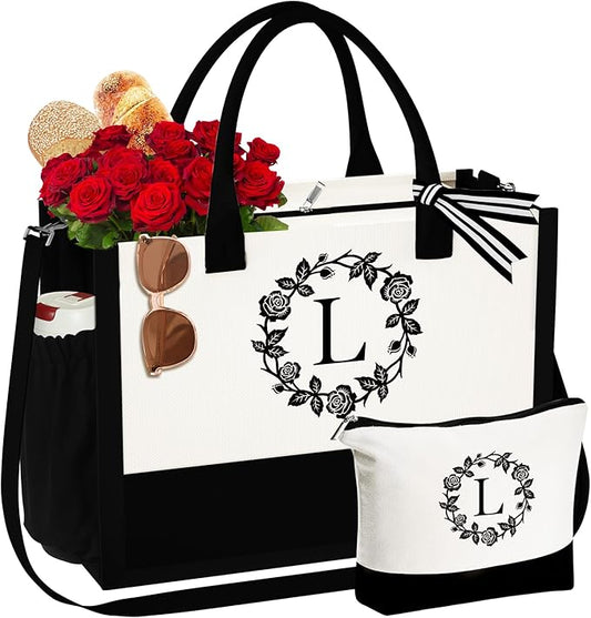 YOOLIFE Personalized Gifts for Women, Initial Canvas Tote Bag for Women Beach Bag Unique Best Friend Mom Gifts From Daughter Teacher Sister Wife Wedding Gifts Birthday Gifts Graduation Gift for Her L
