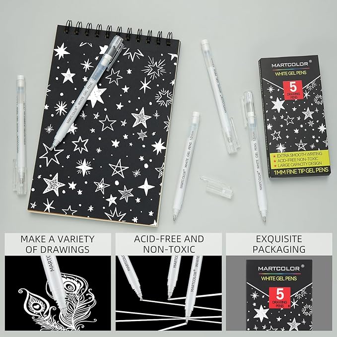 White Gel Pens, 5 Pack, 1 mm Extra Fine Point Gel Ink Pen, Opaque Archival Ink Pens for Black Paper Drawing, Art Highlight, Sketching, Illustration, Card Making
