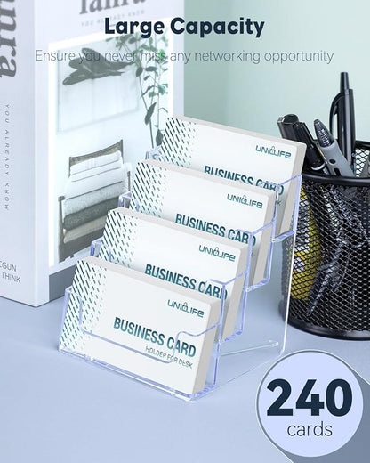 Uniclife 2 Pack Acrylic Business Card Holder for Desk 4 Slots Clear Business Card Display Stand for Men & Women Desktop Business Card Organizer Card Stand for Office Home Exhibition, 240 Card Capacity