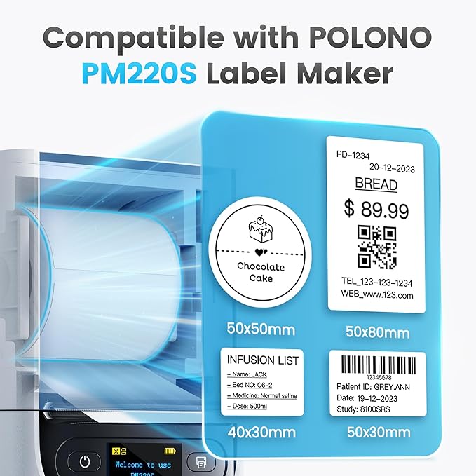 POLONO Thermal Labels for PM220S Label Maker, 1.57"x1.18" (40x30mm), Multi-Purpose Thermal Sticker Label Tape, Self-Adhesive Thermal Paper for Home, Office, 230 Labels/1Roll, Clear