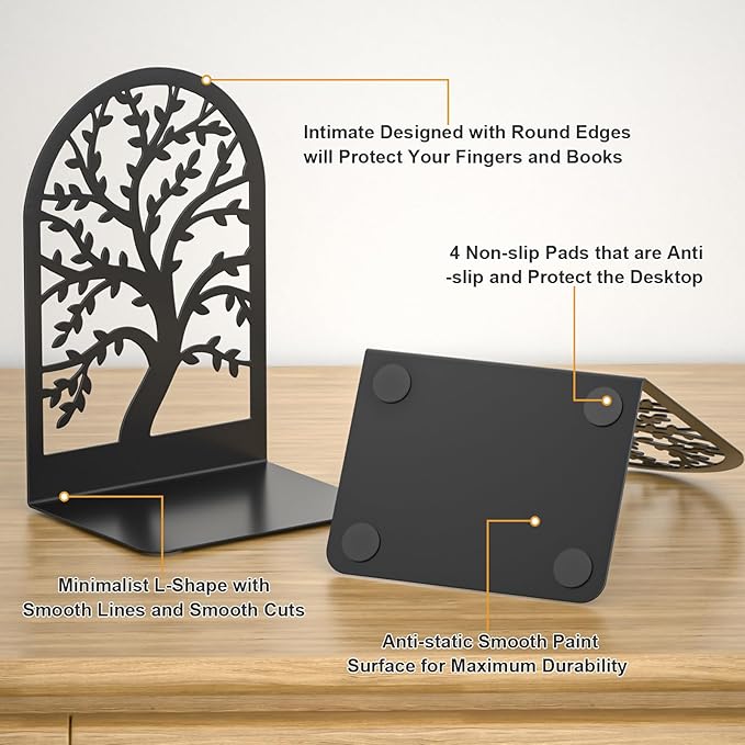 VFINE Decorative Bookends 3 Pairs, Tree Metal Bookends, Unique Black Book Ends to Hold Books, Book Holder for Heavy Books, Home Decorative Book Stoppers for Shelves (6 Pieces)