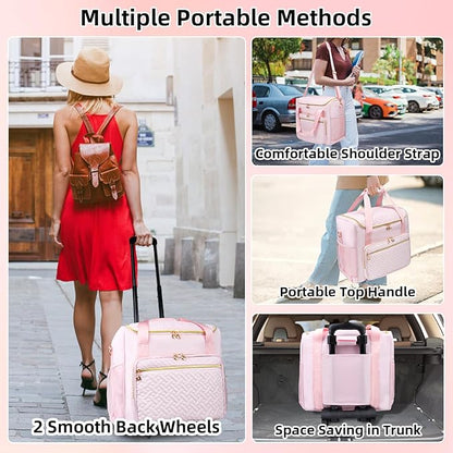 Rolling Teacher Tote Bag with Detachable Trolley, Wheeled Teacher Bag with 15 Inch Laptop Compartment, Soft Nylon Multifunctional Tote Bag with Wheels for Teaching& Office Supplies (Pink)