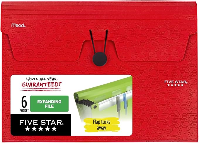 Five Star 6 Pocket Expanding File Organizer, Plastic Expandable File Folders with Pockets and Tab Inserts, Holds 11" x 8-1/2", Bungee Closure, Fire Red (72387)