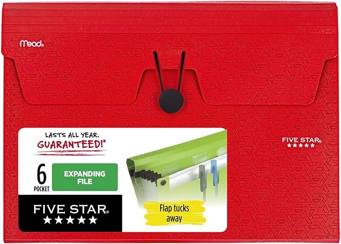 Five Star 6 Pocket Expanding File Organizer, Plastic Expandable File Folders with Pockets and Tab Inserts, Holds 11" x 8-1/2", Bungee Closure, Fire Red (72387)
