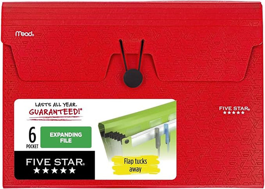 Five Star 6 Pocket Expanding File Organizer, Plastic Expandable File Folders with Pockets and Tab Inserts, Holds 11" x 8-1/2", Bungee Closure, Fire Red (72387)