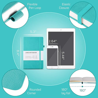 MALEDEN 7 Pack Lined Journal Notebook, Hardcover PU Leather Notebook for Men Women, 100 GSM Thick Numbered Pages with Index Content, Inner Pockets, Bookmarks, A5 Ruled Writing Journal Bulk (Teal)