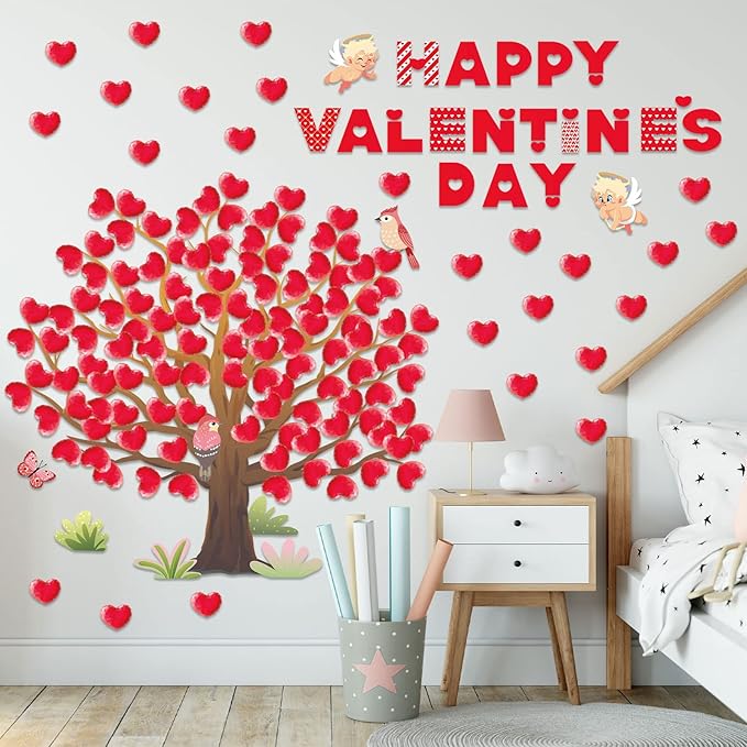 Valentine's Day Bulletin Board Decorations Valentine Tree Bulletin Board Set Heart Classroom Tree Bulletin Board Stickers Heart Bulletin Board Tree Wall Background Banner Decor (Cute Style)