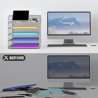 5 Tier Paper Organizer with Handle, Metal Mesh Desk Organizer File Folder Organizer Paper Letter Tray Desktop Document Sorter for Classroom, School, Office Organization and Storage - Silver