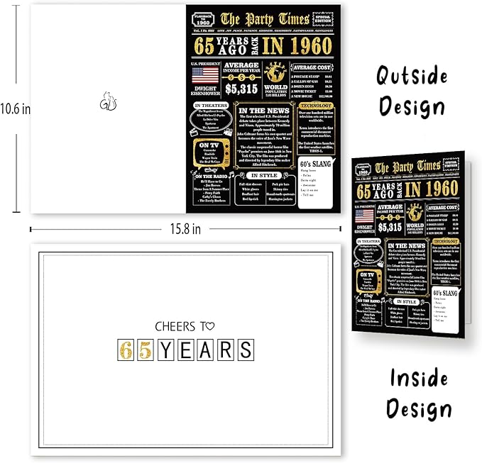 Big 65th Birthday Card for Women Men, Jumbo 65th Birthday Gift for Mom Dad, Unique 65 Year Old Bday Gifts Cards for Grandma Grandpa, Vintage Black Gold 65 Birthday Party Decoration