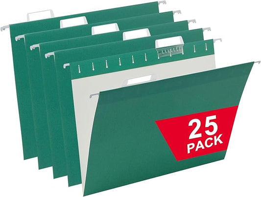 25 Packs Hanging File Folders,Green Letter Size File Folder,Designed for Bulky Files,Filing Cabinet,1/5 Adjustable Tabs for Office,School,Home