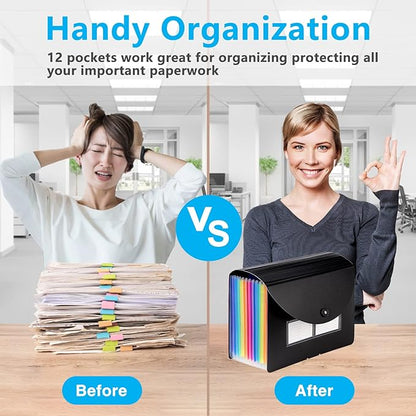 Sooez Accordion File Organizer, 12 Pockets Expanding File Folder, Portable Monthly Paper Bill Tax Receipt Organizer, Letter A4 Size Document Holder with Blank Labels, Black
