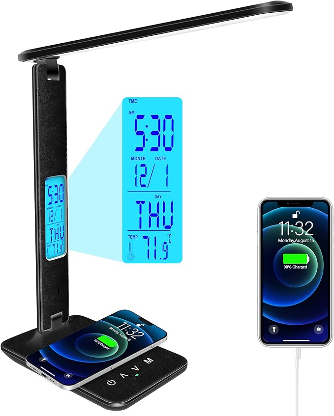 Desk Lamp with Wireless Charger, USB Charging Port, Dimmable Office Desk Light with Clock, Alarm, Date, Temperature, Foldable Lamp for Table Bedroom Bedside Office (Black)