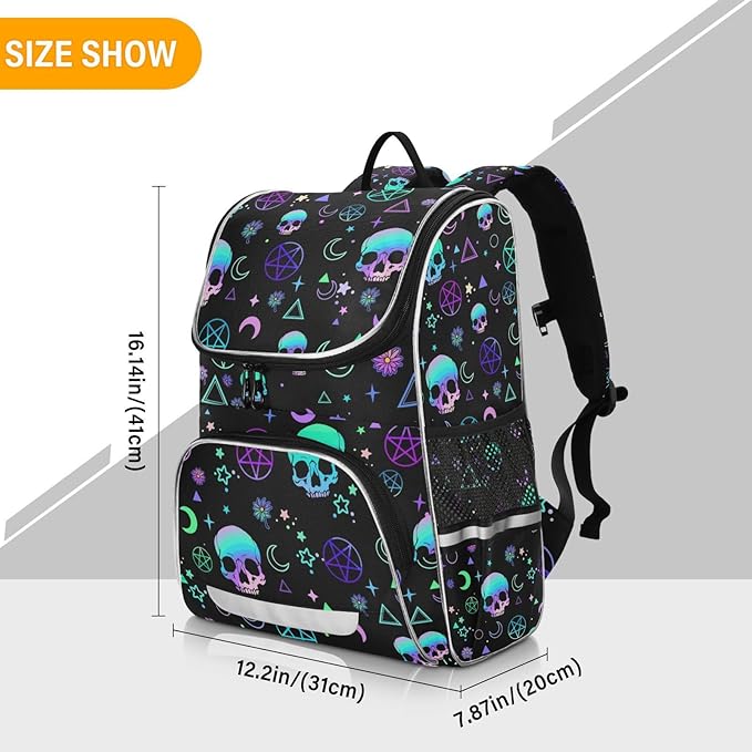 Magic Skull Backpack with Reflective Strip for Kids Boys Girls Elementary School Bag Removable Chest Strap
